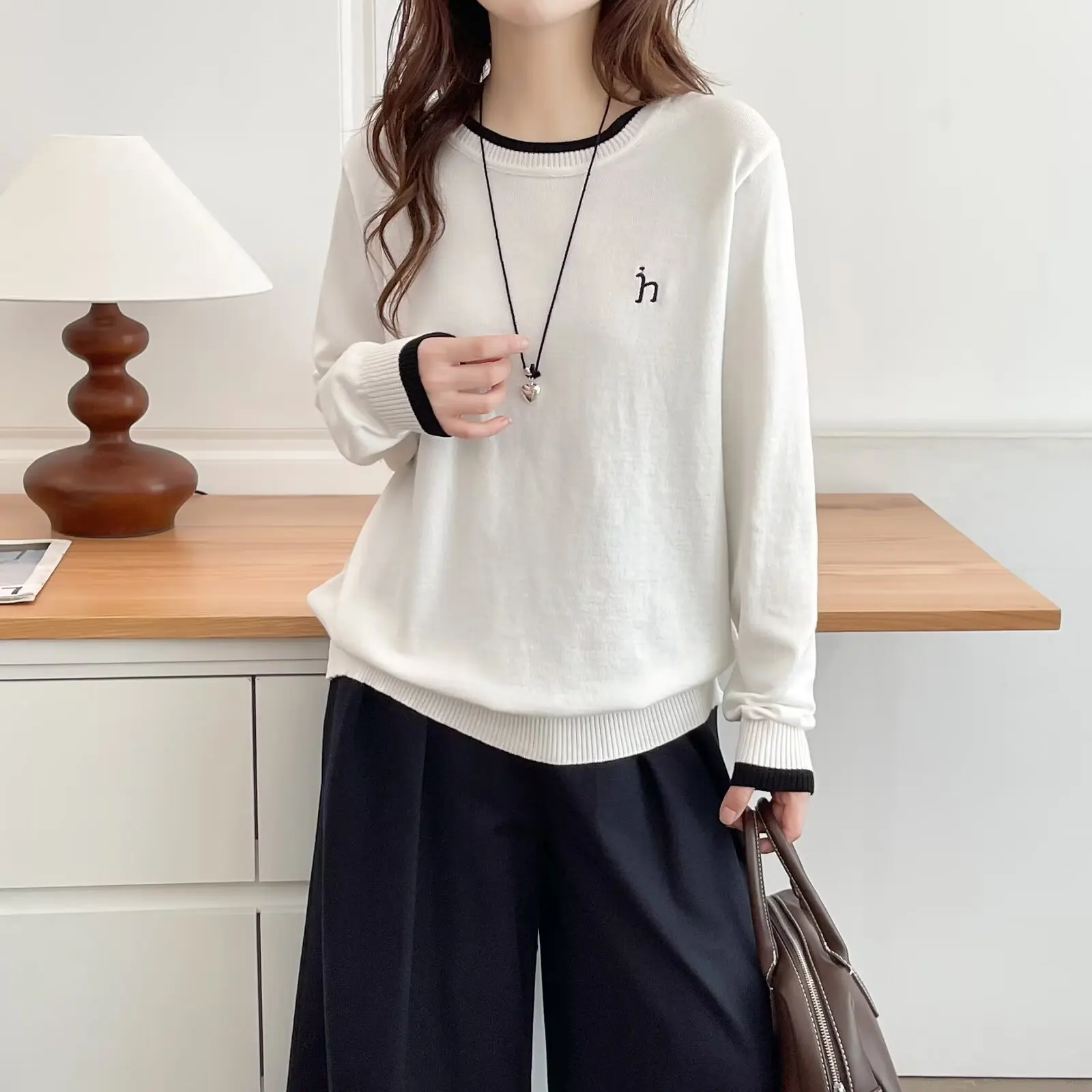 

Модный женский свитер больших размеров, осенний новый стиль, классический ретро цветной блок, вязаные джемперы с вышивкой 2570