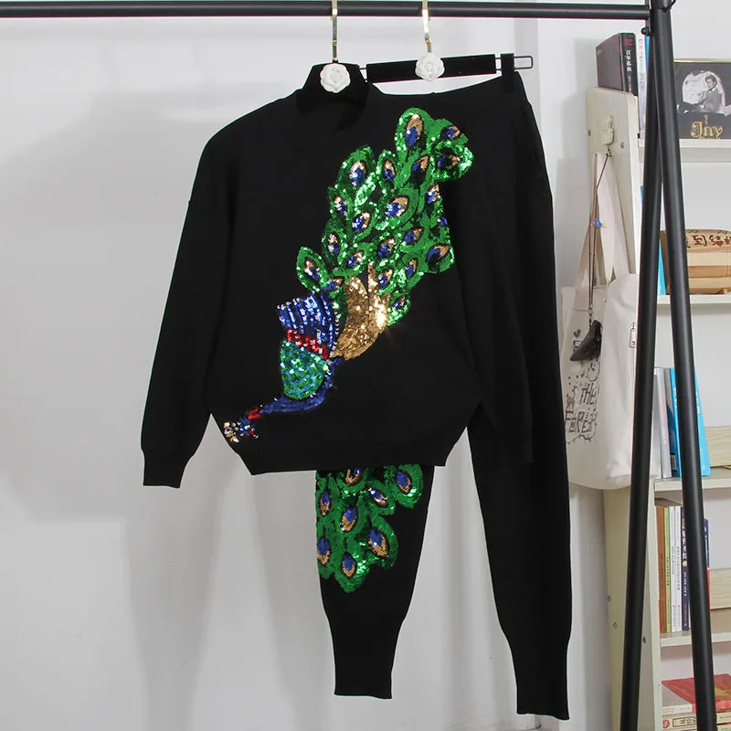 

Heavy Work Sequins Peacock Knitted Tracksuits Women Black Outfits 2pc Loose Pullover Sweater Pencil Pants Two Piece Set Female