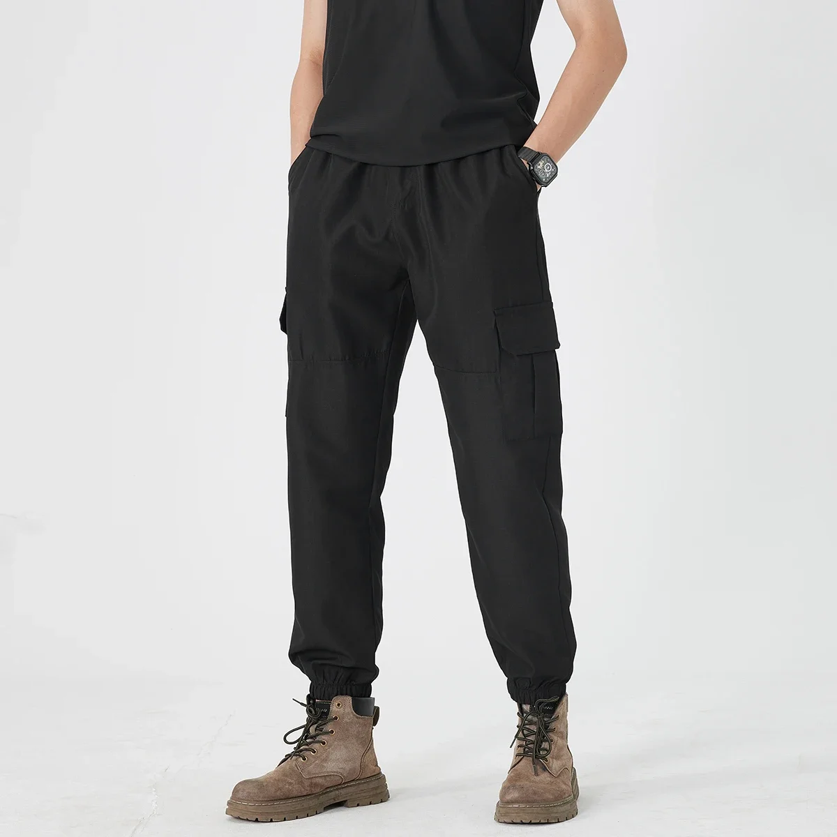 

Мужские повседневные свободные брюки-карго 2025, длина, карманный дизайн на шнурке, однотонные мужские брюки