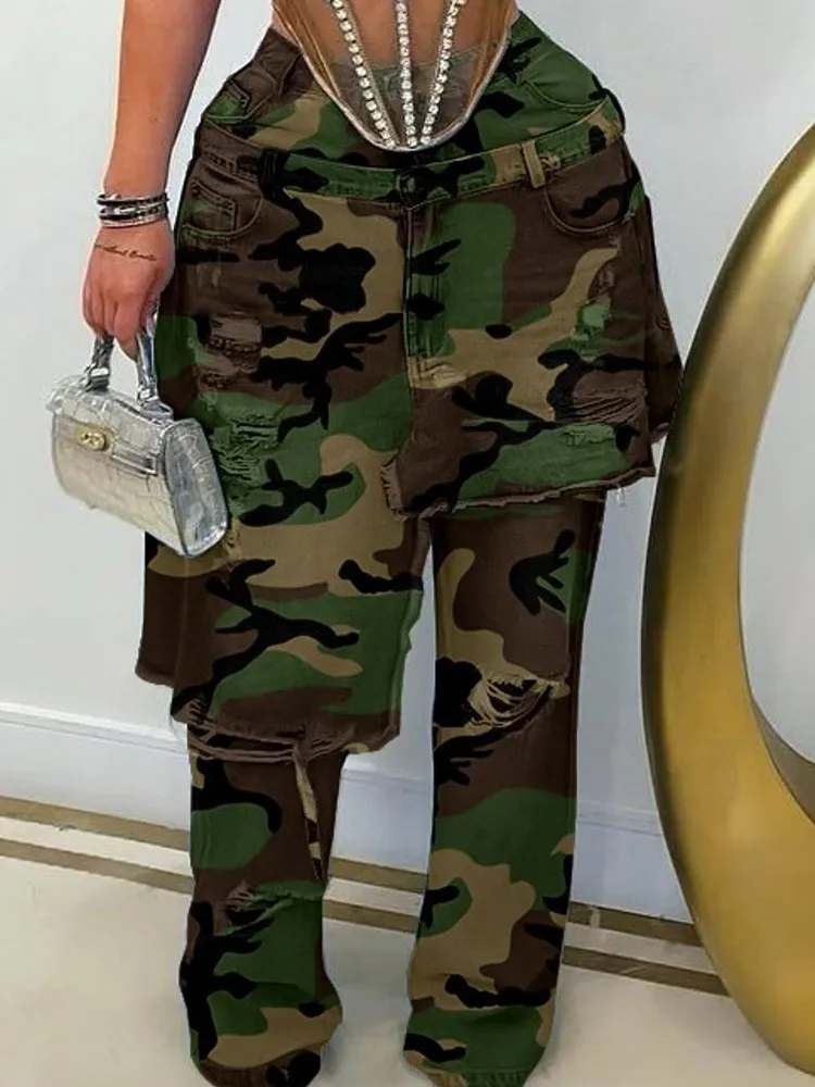 Women High Waist Camouflage Pants Hole Straight Pants Long Jeans Casual Trendy Trousers 2025 Autumn Winter New Denim Trousers