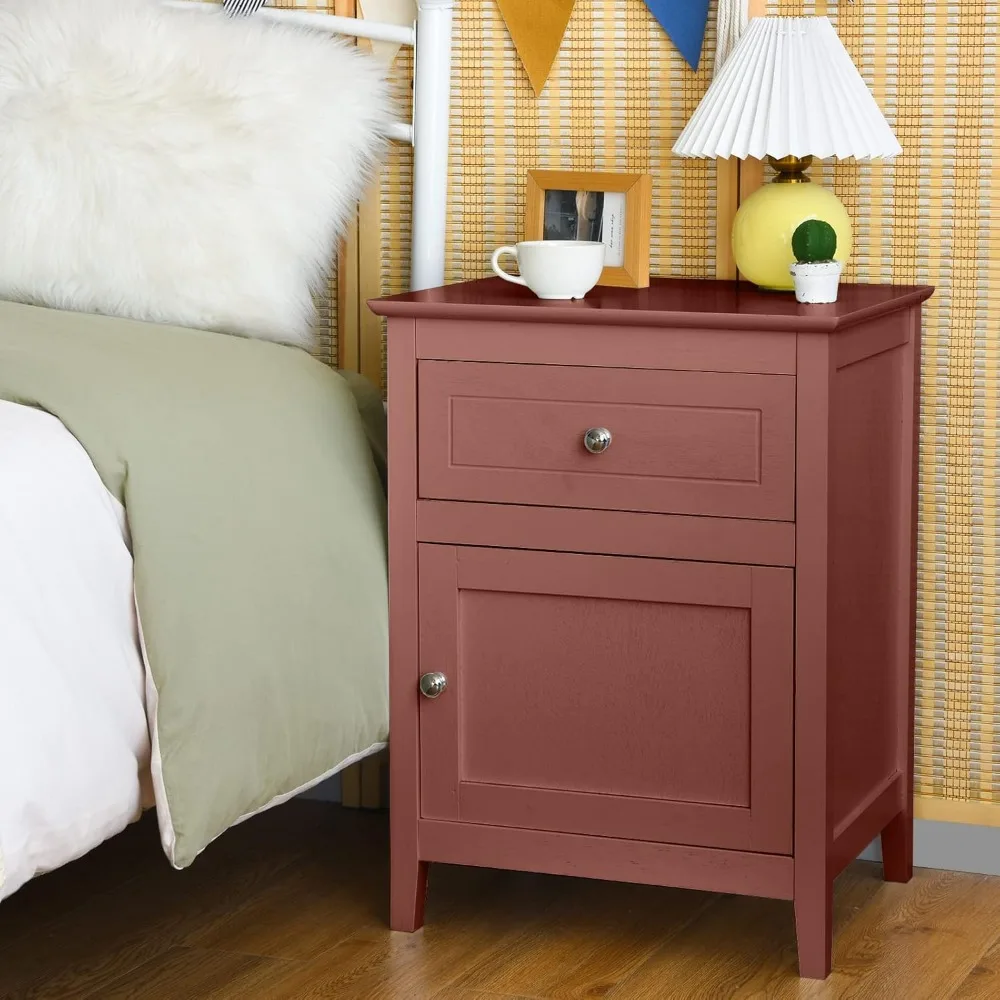 

Nightstand Set of 2, Wooden Bedside Tables with Drawer and Storage Cabinet, 4 Solid Wood Legs, End Side Table for Living