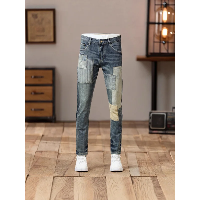 Splicing fabric denim jeans for men in autumn 2025, new street trend retro and cool slim fit small leg pants