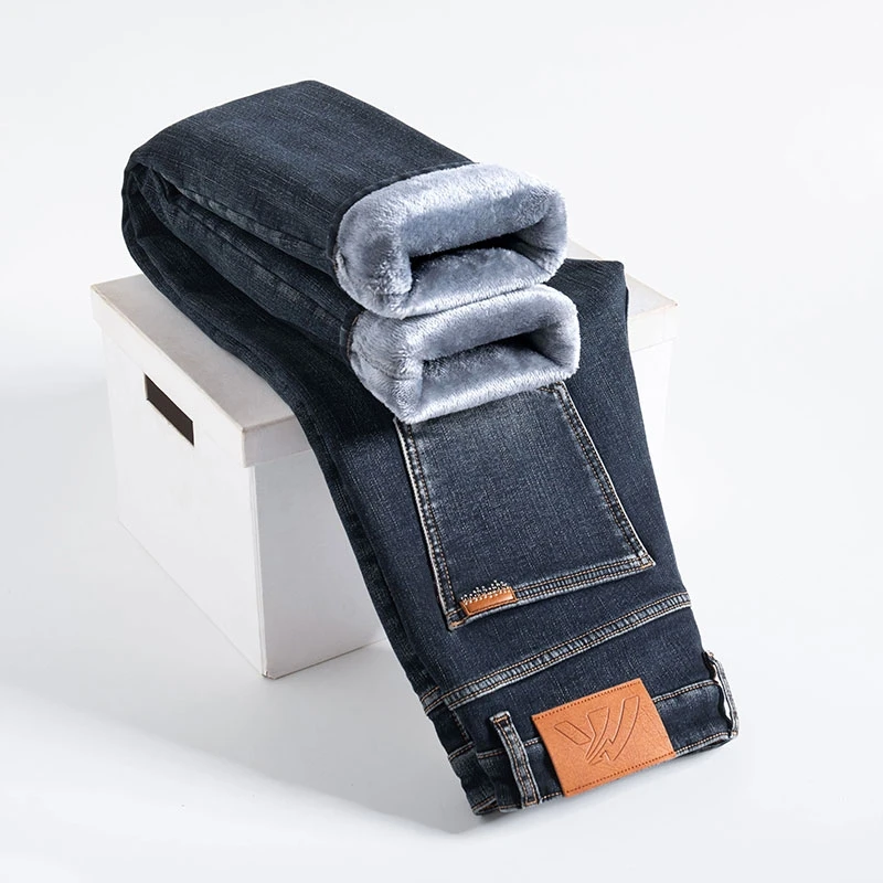 2026 Winter Super Thick Fleece Warm Cotton Stretch Men's Business Casual Mid-Rise Jeans Large Size High Quality Trousers