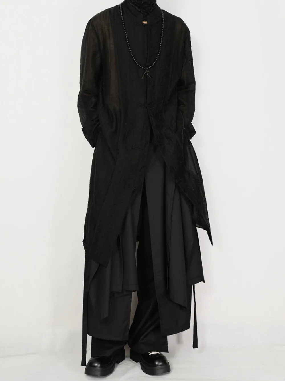 High Street Summer Thin Casual Shirt Men's Chinese Style Stand Up Collar Buckle Zen Style Elegant Long Loose Long Sleeved Shirt