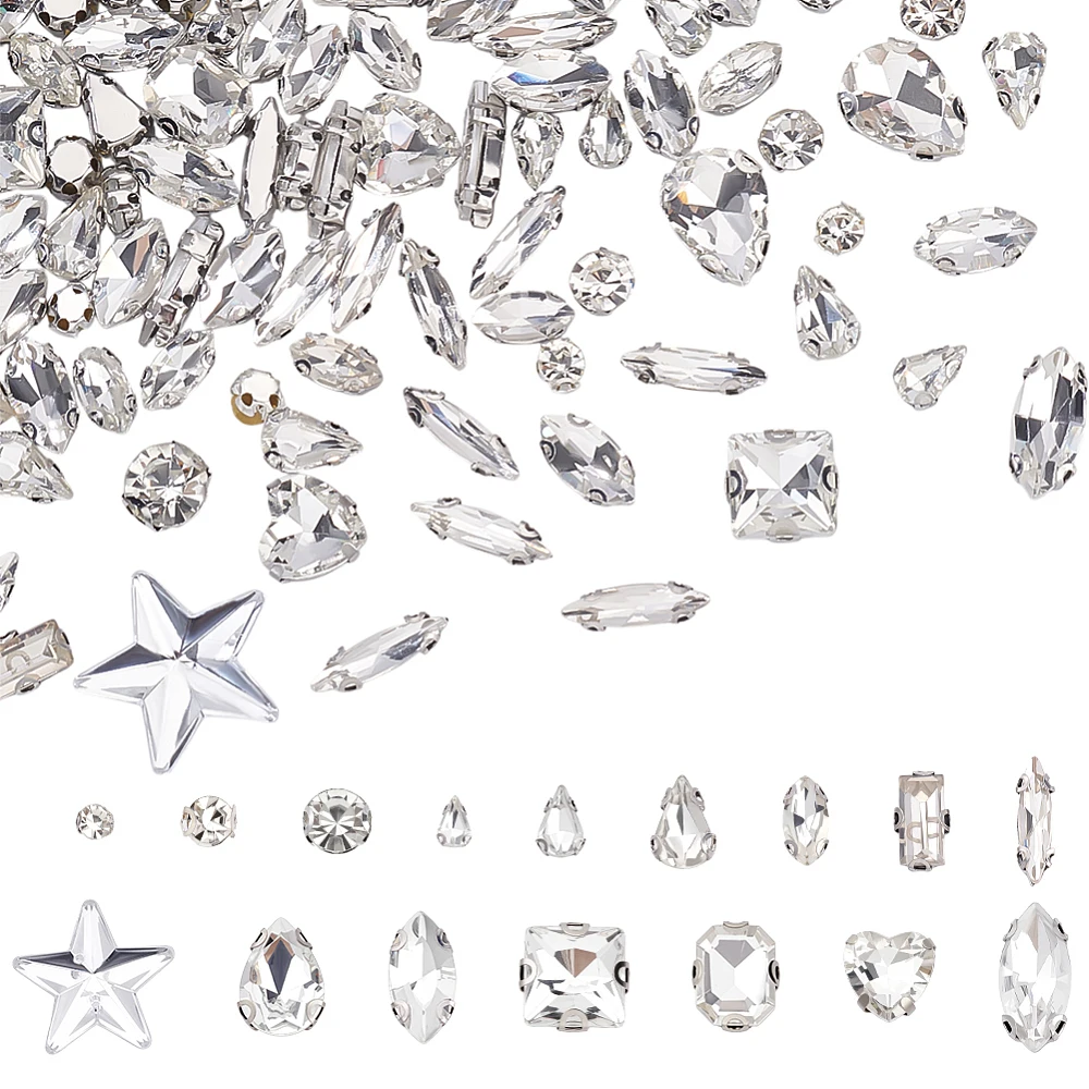 410Pcs 16 Styles Sew on Glass Faceted Rhinestone Decorations for Sew Mixed Shape Flatback with Stainless Steel Prong Settings