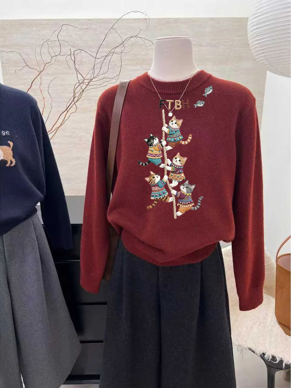 

Festive Wine Red Knitted Sweater with Climbing Rope Print round Ne Long Sve Anti-Aging Women's Warm Top for Autumn W...