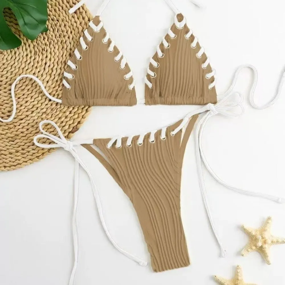 

Casual Rope String Bikini Suit Lace Up Ruffled Swimwear Set Slim Fit Halter Neck Sling Swimsuit Vacation