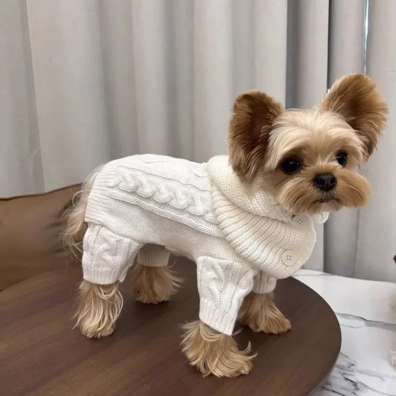 White Knit Sweater Jumpsuit for Small Dogs, Monochromatic, Simple, Fashion, Warm, Thick, Pet Items, Winter, Wholesale