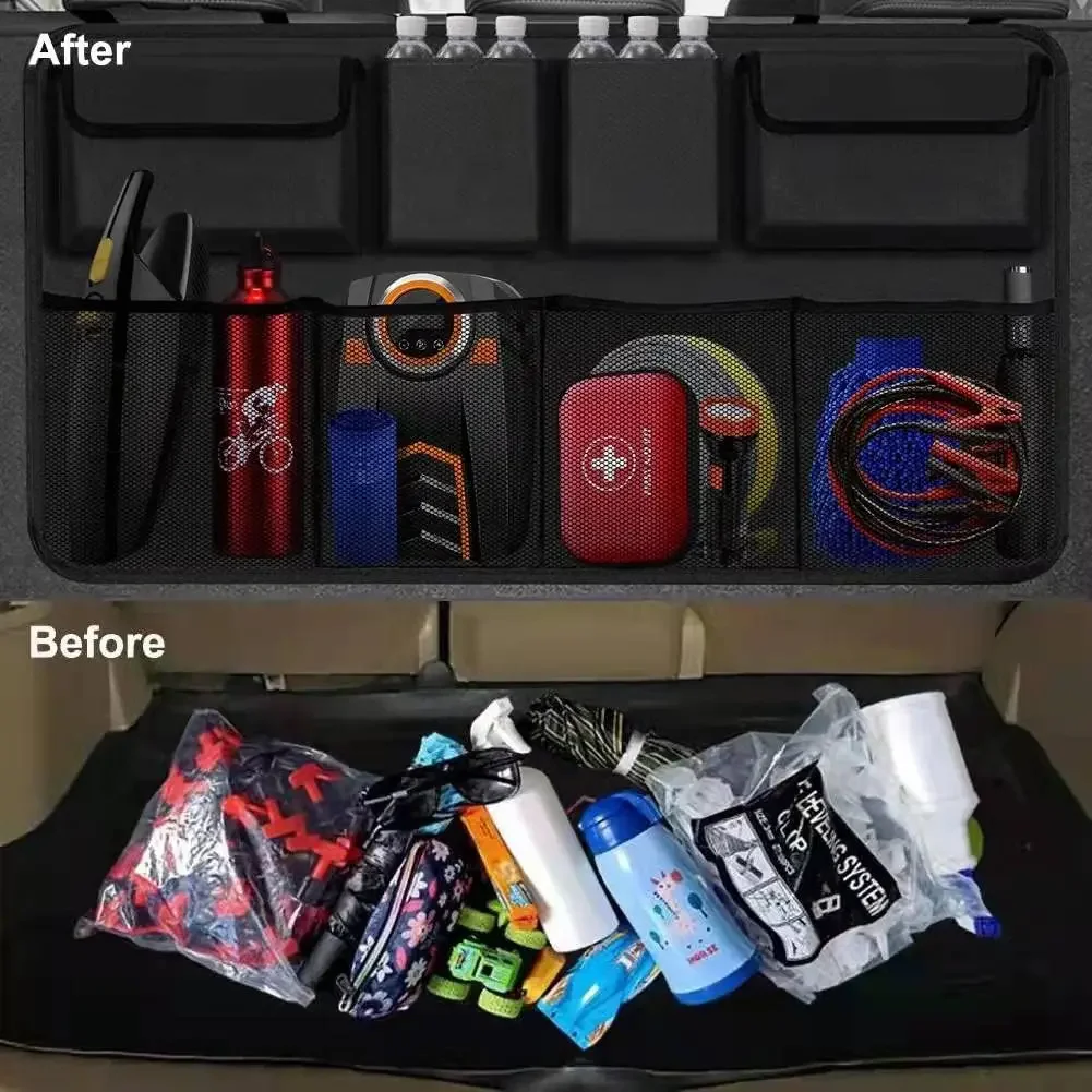 Universal Car Storage Net Stretchable Mesh Pocket with Magic Elastic Sticker Rear Trunk Seat Bag Cage Auto Organizer