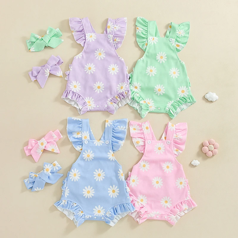 

Toddler Baby Girls Rompers Floral Print Ruffles Fly Sleeve Waffle Bodysuits Summer Clothes with Headband