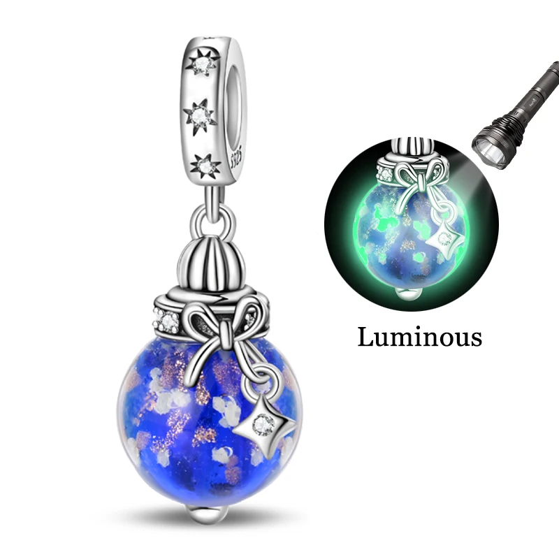 

925 Sterling Silver Luminous Blue Wishing Bottle Charms Pendant Fit Original Bracelet Necklace DIY Fairy Style Girls Jewelry Bir