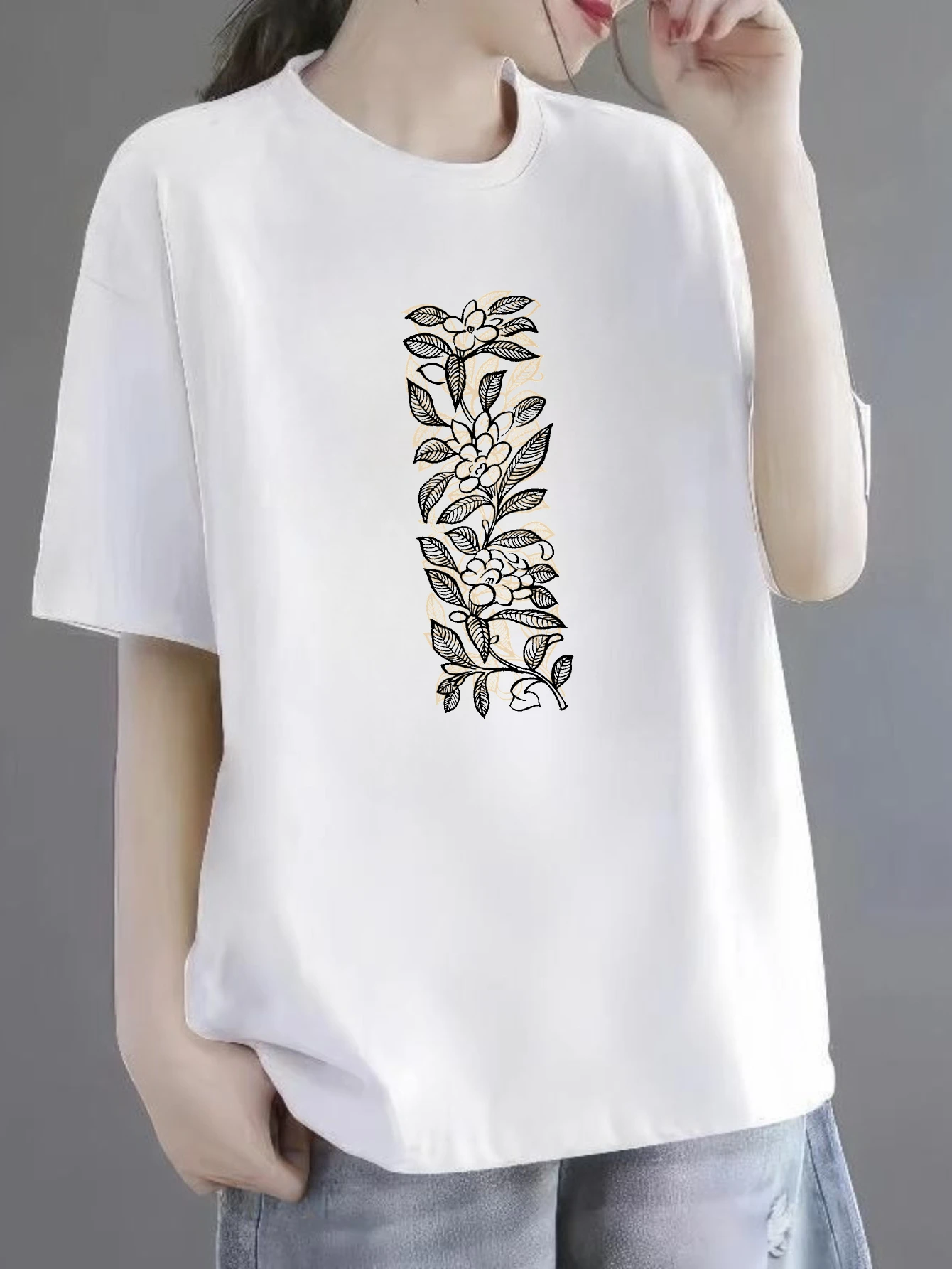 

Women's T-shirts Chinese style Anime Hip-Hop Gym t-shirt Casual 100% cotton Floral Design On White printed tee style Short sl