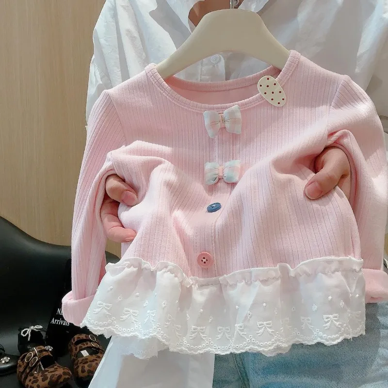 UNITIM Herbst-Unterhemd für Kinder, lockeres Unterhemd mit Schleife und Spitzenbesatz, für Kleinkinder, Mädchen, lange Ärmel, 2–8 Jahre, für Kinder, Mädchen, Rundkragen-T-Shirts – Detail 6