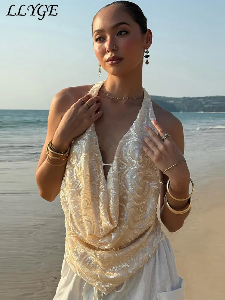 

Sequined Embroidery Halter Vest Women Hang Neck Backless Sleeveless Female Vests 2025 Summer Lady Sexy Vacation Beach Tanks