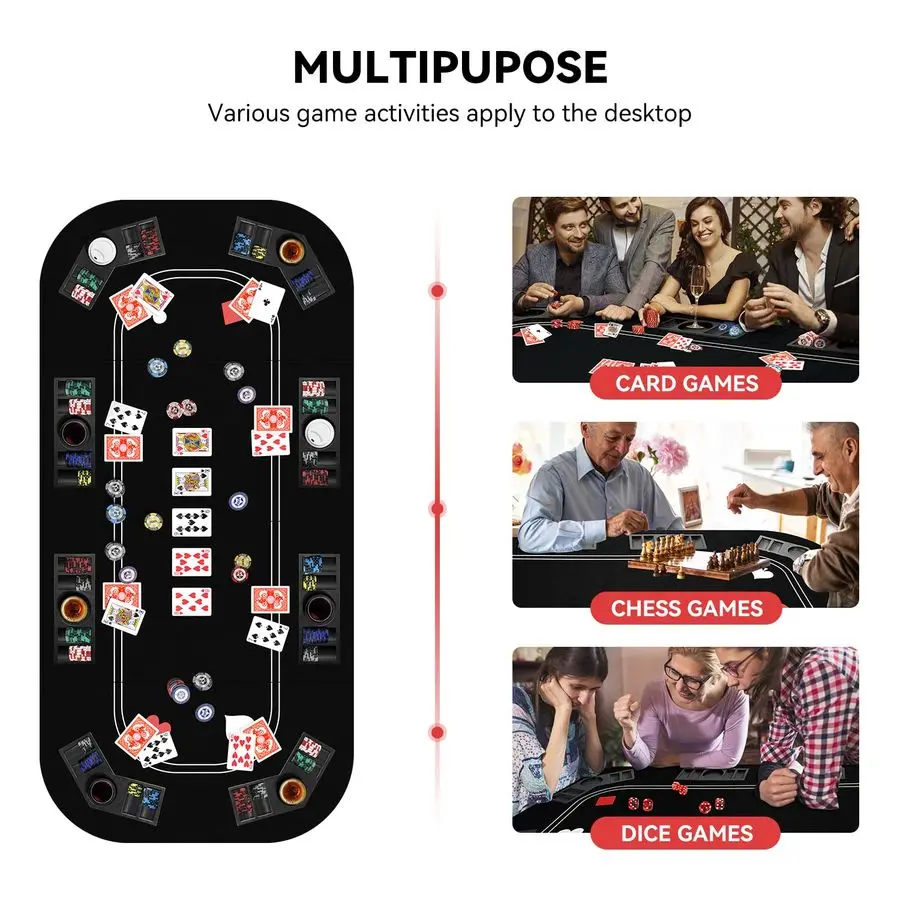 Piano da tavolo da poker 3 in 1, layout da tavolo per carte da poker Texas Holdem con feltro nero reversibile, tappetino pieghevole per tavolo da poker con