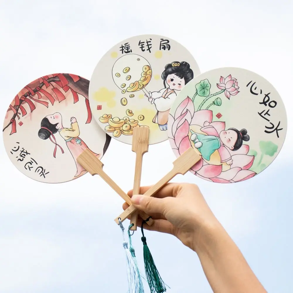 Cute Vintage Paper Hand Fan Handmade Long Handle Bamboo Handle Fan Portable with Tassels Chinese Style Circular Fan Home Decor