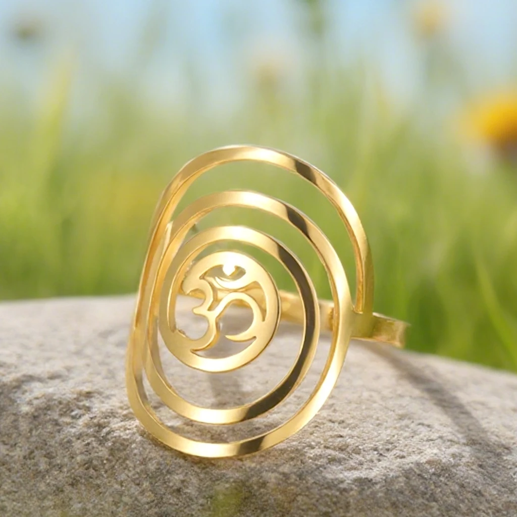 Dawapara bouddhisme spirituel OM Ohm symbole anneau réglable spirale géométrie sacrée bague bijoux en acier inoxydable