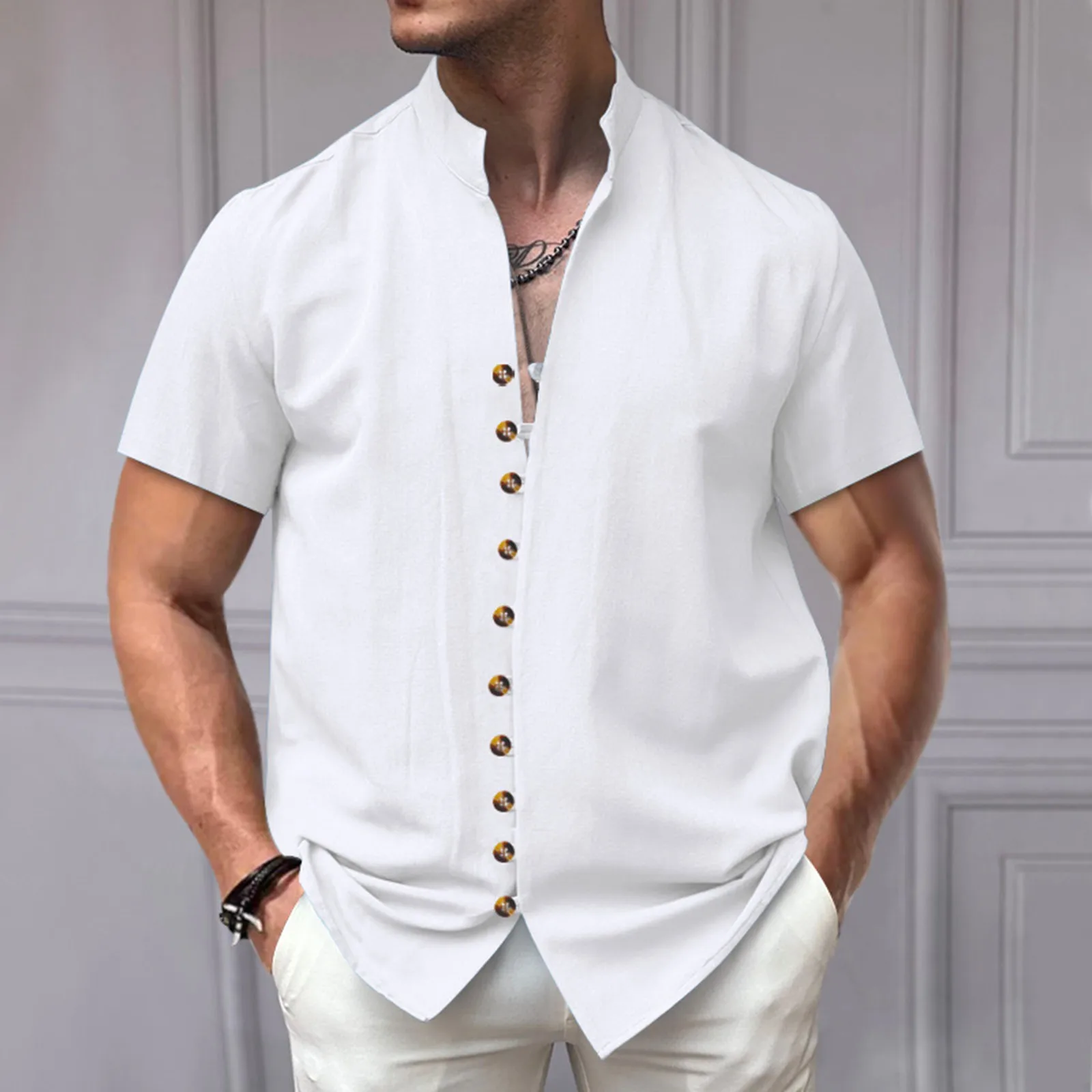 

Men's Summer Short Sleeve Solid Color Cotton Linen T-shirt Design Button Daily High Streetwear Simple Comfortable Style Top