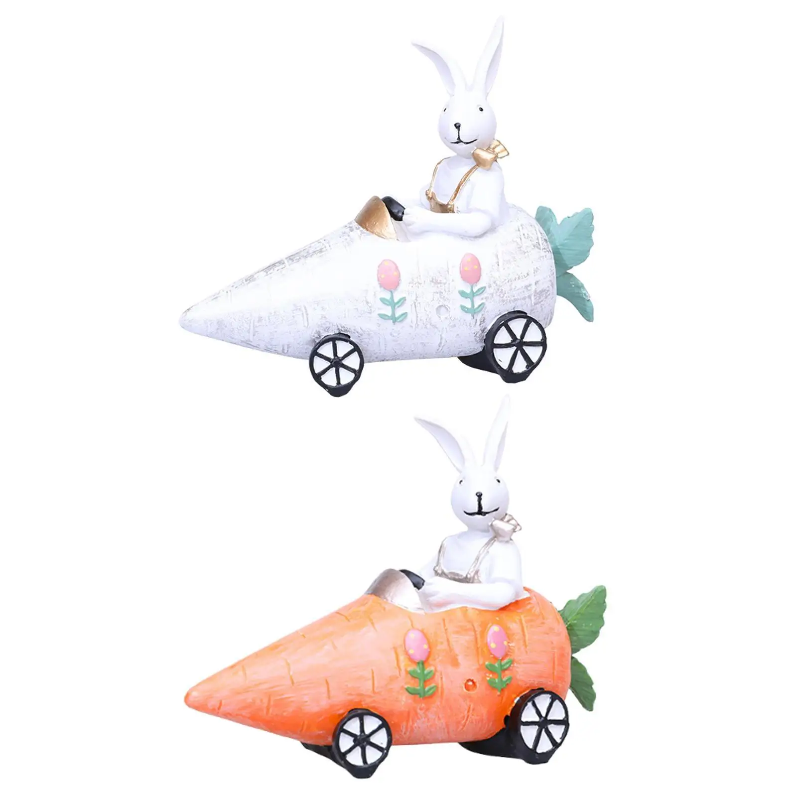 Resin Easter Bunny Car Figurine Rabbit Sculpture Handmade for Patio, Balcony, Yard Decor Waterproof Shelf Ornament 20x18x16cm