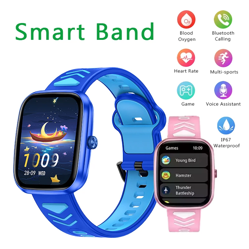 

Детский смарт-браслет, мониторинг здоровья, часы с пульсометром и кислородом в крови, 1,75-дюймовый HD-сенсорный экран, игры, умный браслет, музыкальные часы