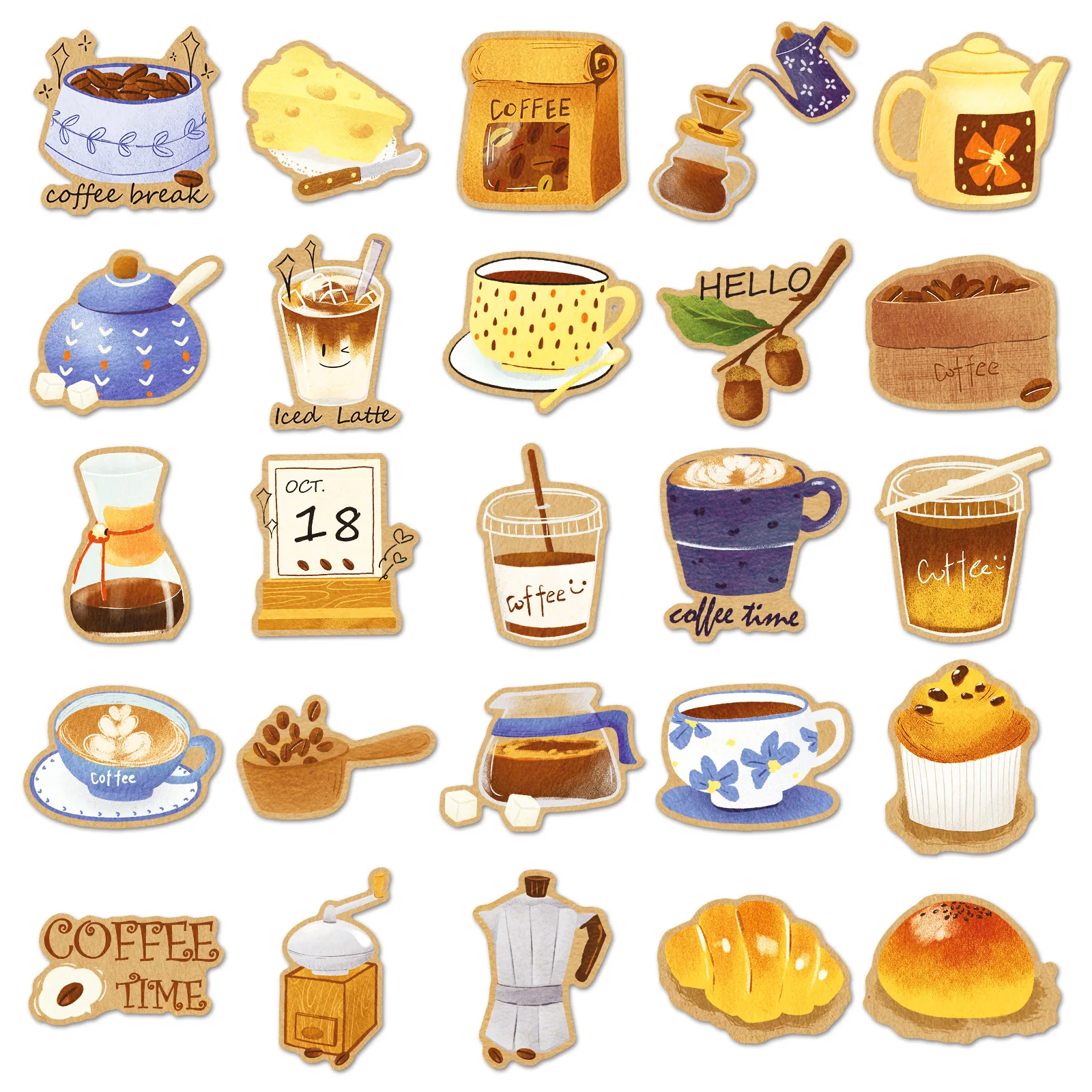 Broyeur de haricots Style dessin animé, 50 pièces, café, thé de l'après-midi, décor Graffiti, ordinateur portable, guitare, tasse d'eau, autocollant étanche, jouet pour enfants