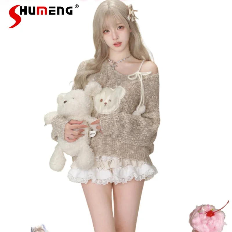 

Y2k Sweet Clothes Set Women's Loose Bear Cartoon Off-shoulder Sweater Knit Top Bow Elastic Waist Skirt Suit Spring and Autumn