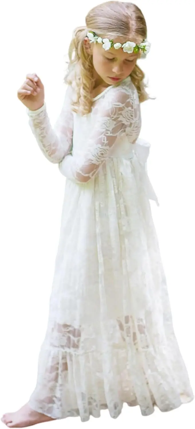 Fancy ivoorwit kant bloemenmeisje jurk Boheemse prinses verjaardagsfeestje dans formele avondjurk communiejurk strik fee jurk