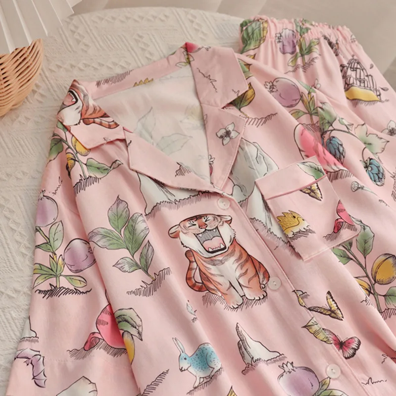 Spring Summer Pink Cute Cartoon Tiger Long Sleeve Pants Pajamas Ladies High Quality Loungewear Dropshipping Pajamas for Women