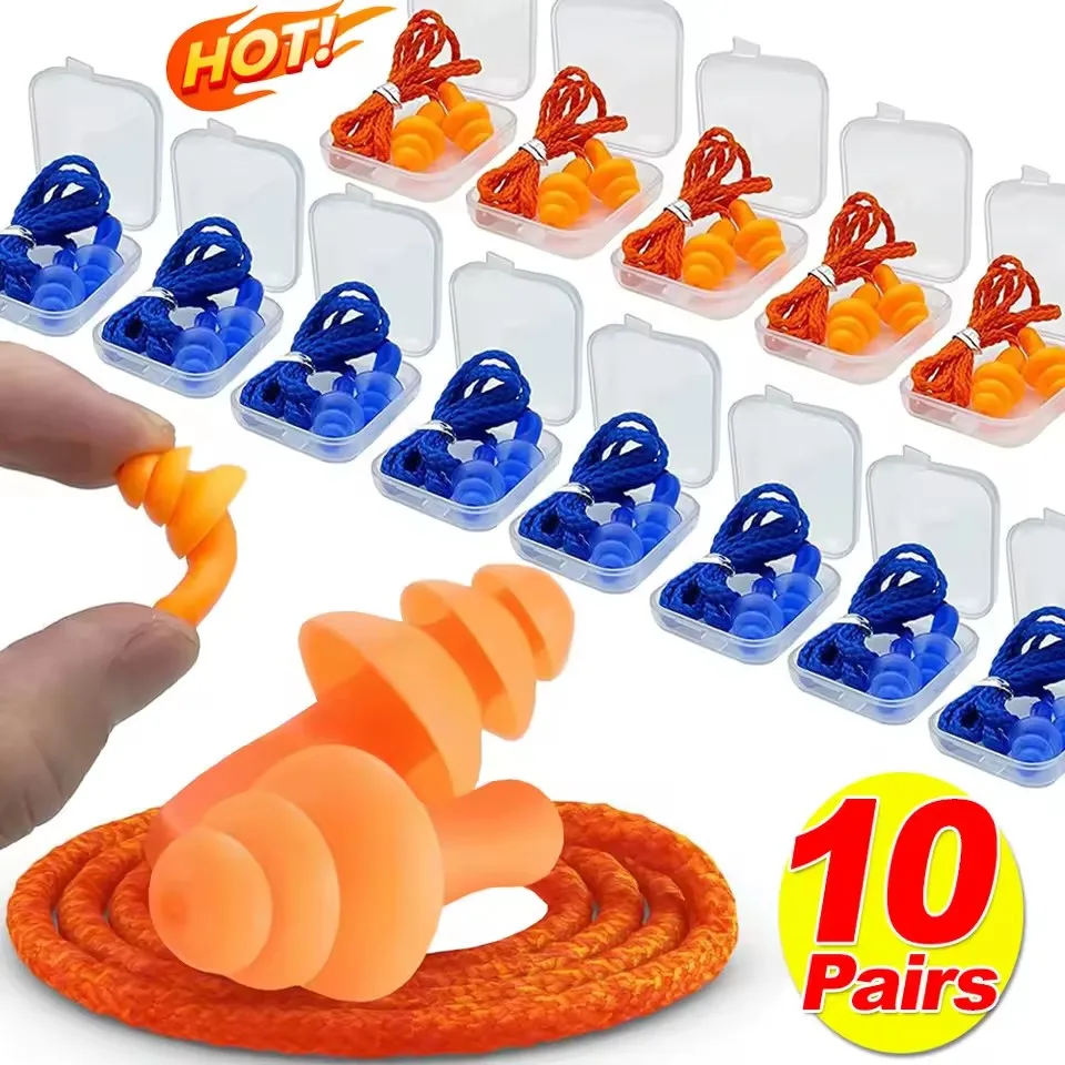 1-10 คู่ ที่อุดหูซิลิโคนตัดเสียงรบกวน ที่อุดหูแบบใช้ซ้ำได้ พร้อมเชือก ที่อุดหูยางกันน้ำสำหรับว่ายน้ำ มาพร้อมกล่อง