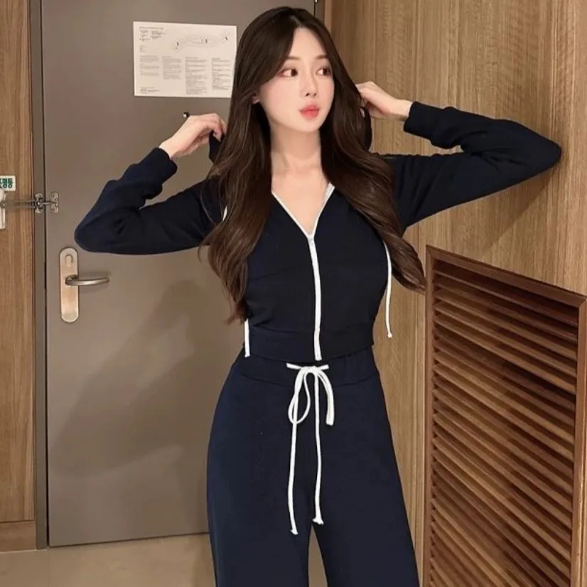 

Korean Style Casual High Waist Wide Leg Pants Short Sleeve Long Sleeve Zipper Hooded Two Piece Set Comfortable Breathable Cotton