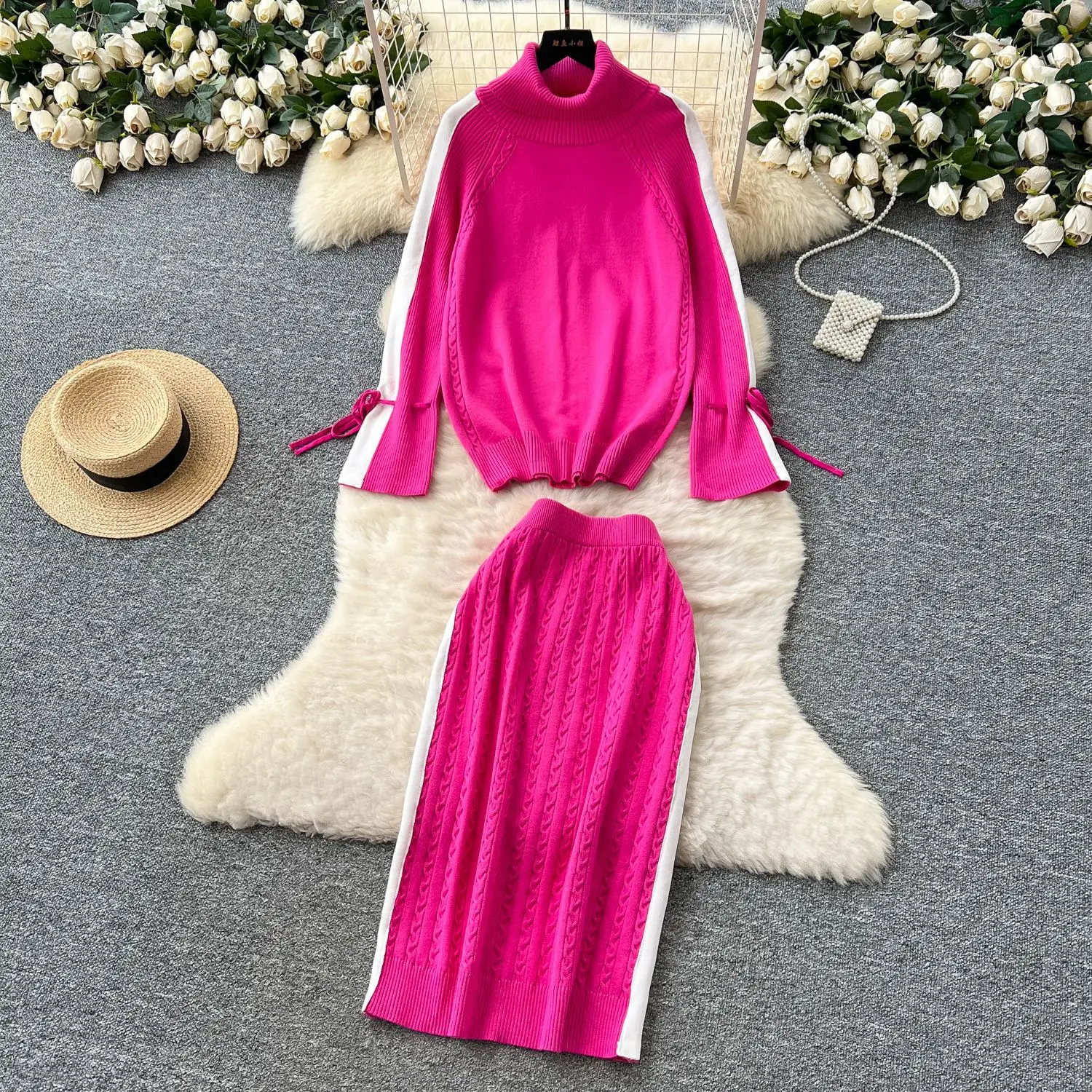 

Two Piece Sets Women Skirt Set Turtleneck Knitted Full Sleeve Tops Mid Length Skirts Wrap Hip High Waist Y2k Streetwear Elegant