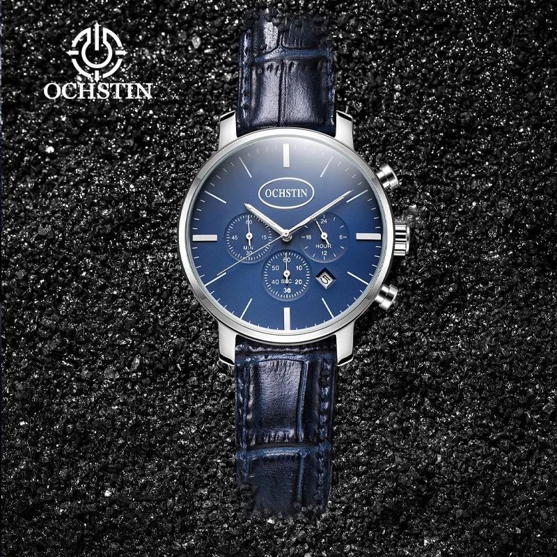 OCHSTIN Men's Prominente Multifunctional Quartz Watch Ultra-slim Thick Alloy Case Soft Skin-friendly Genuine Leather Strap Watch