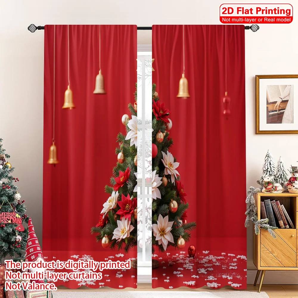 

2pcs 2D flat printing Merry Christmas Popular Curtain Christmas Poinsettias Tree 100% Polyester Fabric Without Electricity Party