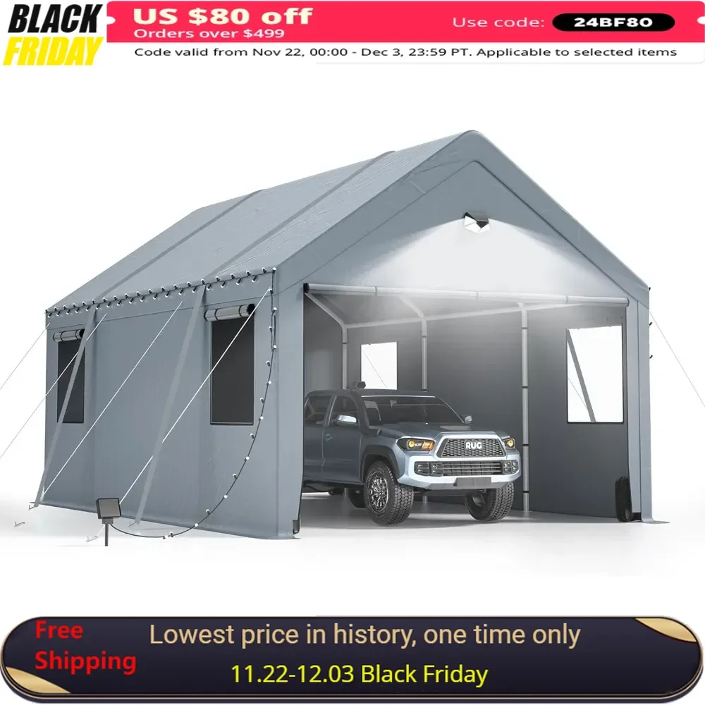 12X20FT Carport Garage with Roll-up Windows, All-Season Tarp Cover, Removable Roof &Side Walls, Extra Large Heavy Carport Garage