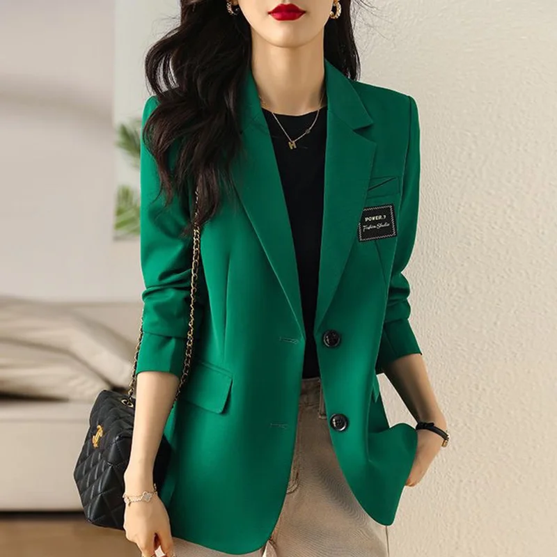 Moda düz renk düğmesi eklenmiş gevşek rahat Blazer kadın giyim 2023 sonbahar yeni kore tüm maç ofis Lady Blazers Tops