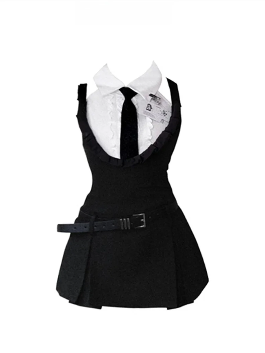 

Оригинальный американский комплект для студенток: жилет с завязками на талии и комбинезон с коротким рукавом и воротником, двухсоставный ансамбль