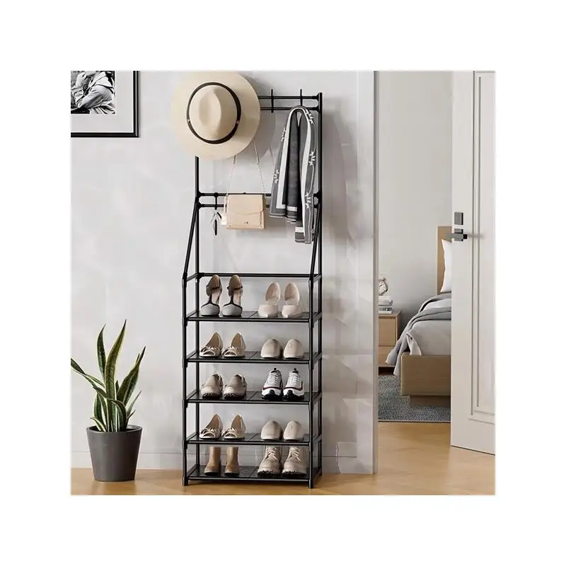 

5-Tier Narrow Shoe Rack with Coat Hooks for Entryway Storage