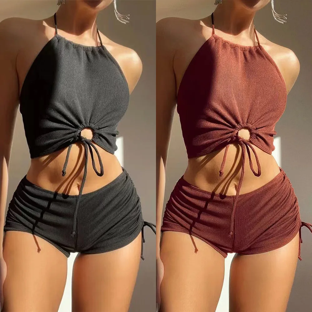 2024 Summer Black Swimsuits Shorts High Neck Bikini Sets Female Swimwear Sports Beach Wear Women's Two-Piece Bathing Suits Pool