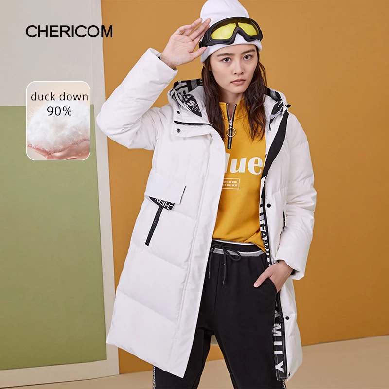 Chericom Autumn Winter Medium Long Women's Down Jacket 2024 New Sports Fashion Casual Hooded Overcoat Slim Skinny Jacket 269026