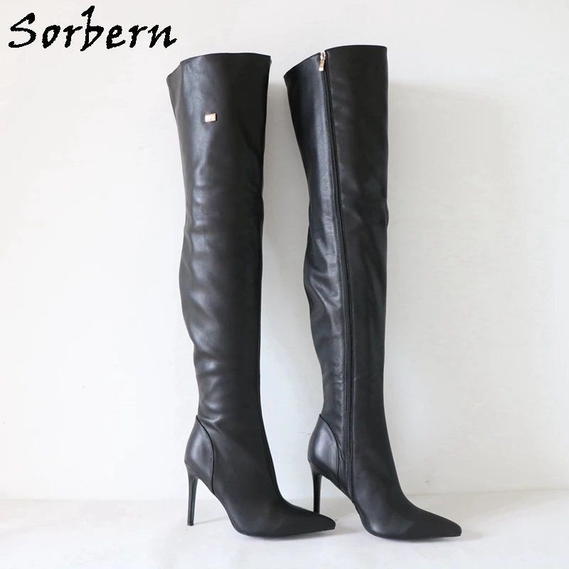 Sorbern أسود ماتي أحذية النساء فوق الركبة الفخذ عالية أحذية نسائية أشار تو الخناجر عالية الكعب لون مخصص