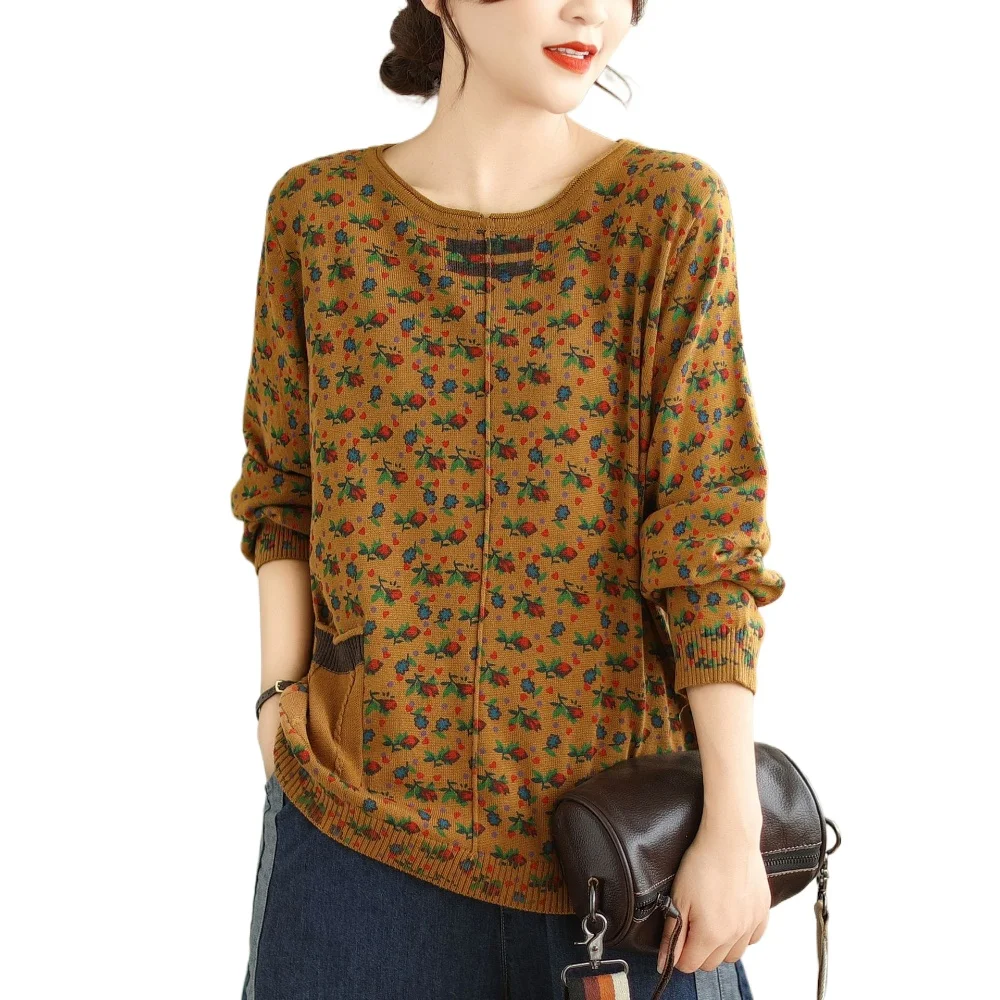 Cotton Flower Print Long Sleeve Knitted T-shirt Women's Spring Fall Fashion Loose Casual Elegant Knitwear Female Vintage Clothes