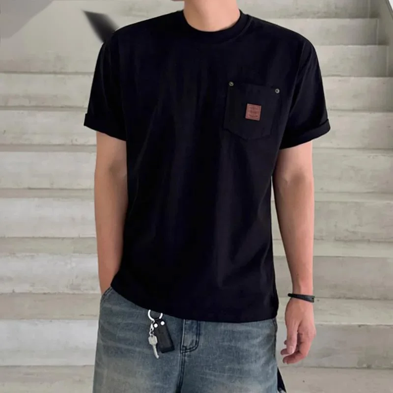 Casual O-neck Short Sleeve Men's T-shirt Loose Casual Summer Black Top With Single Pocket Design Korean Style Tee 9XHWO1