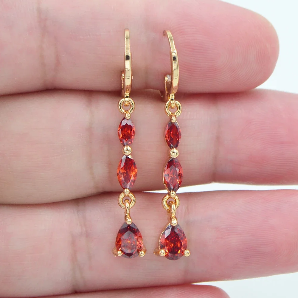 Fashon Gold Color Red Zircon CZ Teardrop Dangle Earrings for Women