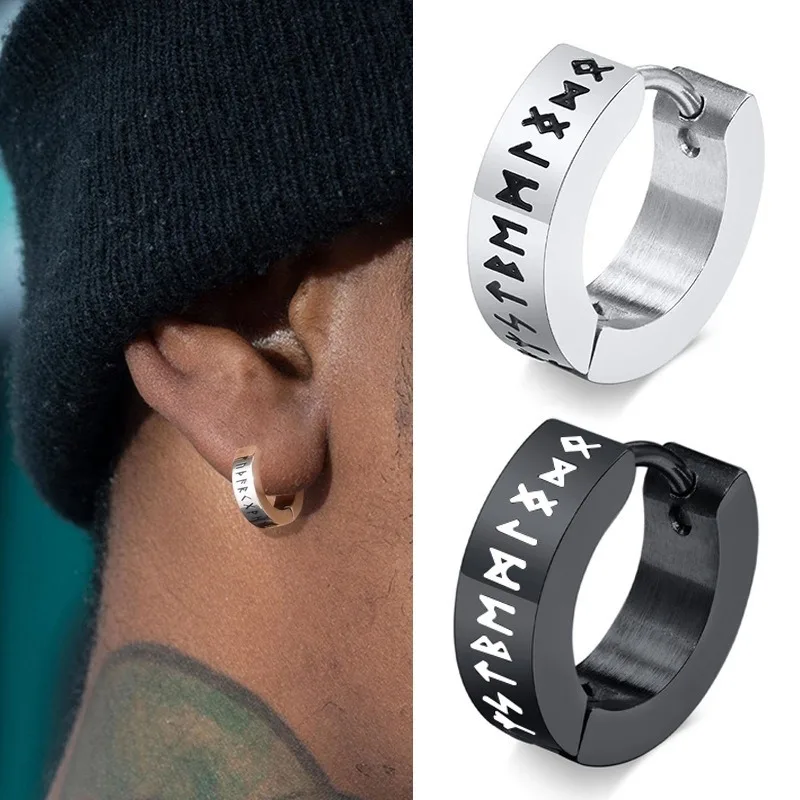 Vintage Norse Viking Runes Hoop Earrings for Men Male Boys,Waterproof Stainless Steel Huggie Ear Gifts Holidays Jewelry