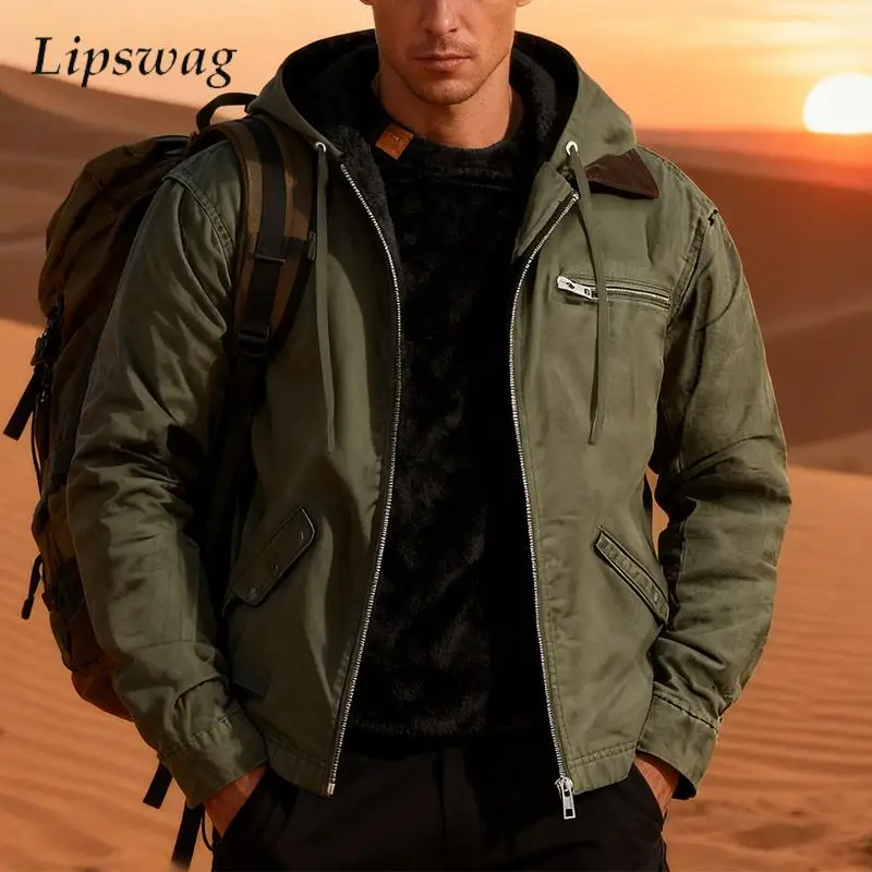 

Solid Color Fleece Lining Jacket With Hooded Fall Winter Men Clothes Vintage Zipper Outerwear Mens Fashionable Patchwork Coats