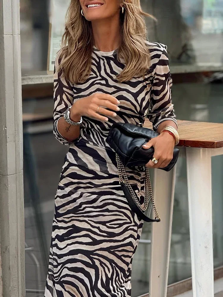 

2024 Long Sleeve Printing Fashion Maxi Dress, Women Loungewear Zebra Stripes Party , Spring Autumn O-Neck Elegant Ladies Dress