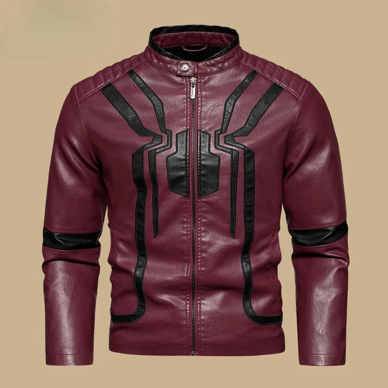 Men Faux PU Leather Biker Jacket Geometric Line Decor Stand Collar Color Block Cuff Casual Motorcycle Outerwear Slim Street