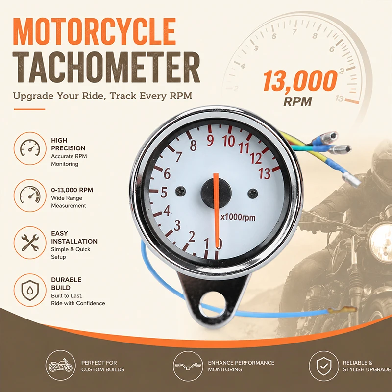 White Dial Motorcycle Tachometer 13000RPM Inductive Pointer Gauge Halogen Backlight Speed Meter