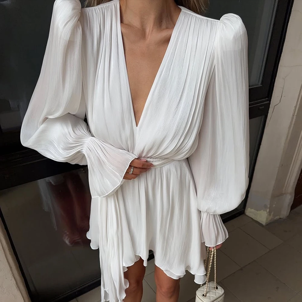 

Talenza Ruffled Ruched Dress Women's Puff Sleeve V Neck Lace Up Elegant Mini Dress 2025 Summer Female Fashion Casual Loose Dress