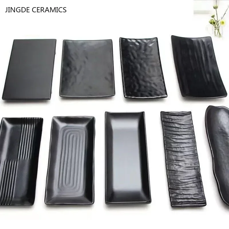 1Pc Black Rectangular Barbecue Plate Melamine Tableware Commercial Hot Pot Vegetable Plate Japanese Barbecue Plastic Plate